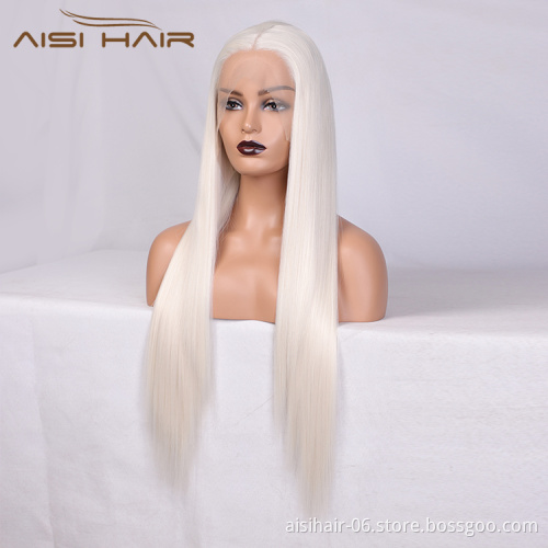 Aisi Hair Popular Hot Selling Long Silver Wig Long Silky Straight Swiss Lace Wigs Synthetic Lace Front Wigs For Black Women